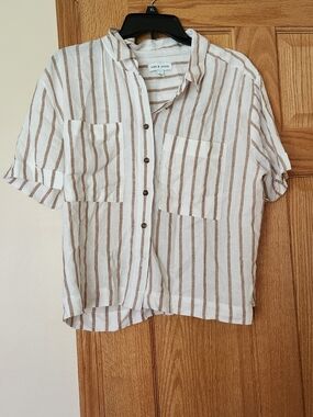 Alex & Jordan Striped Button-Front Linen Top - White & Tan
